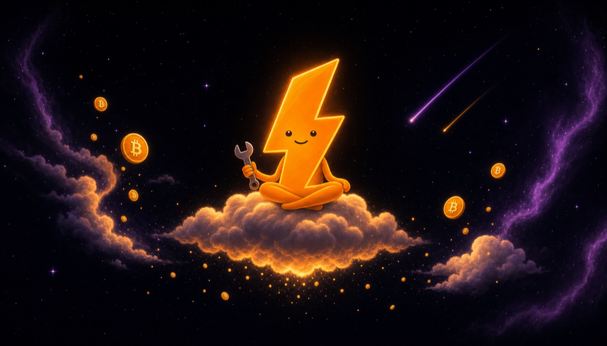 Lightning Faucet bolt mascot sitting cross-legged on a cloud with a wrench, sats raining gently below